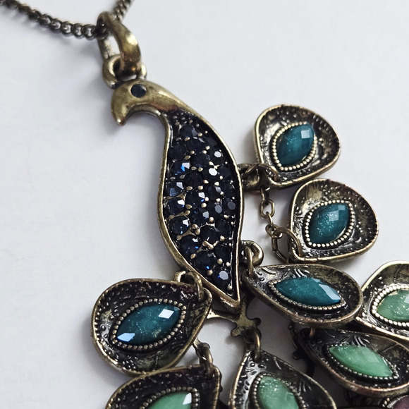 Peacock Chandelier Pendant Necklace Colorful Stones Boho Festival Cocktail Retro - Picture 7 of 12